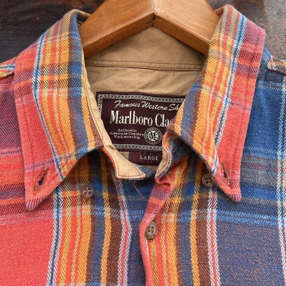 MARLBORO CLASSICS 90s Famous Western USA Flannel Plaid Button Down Shirt Large - Picture 2 of 11